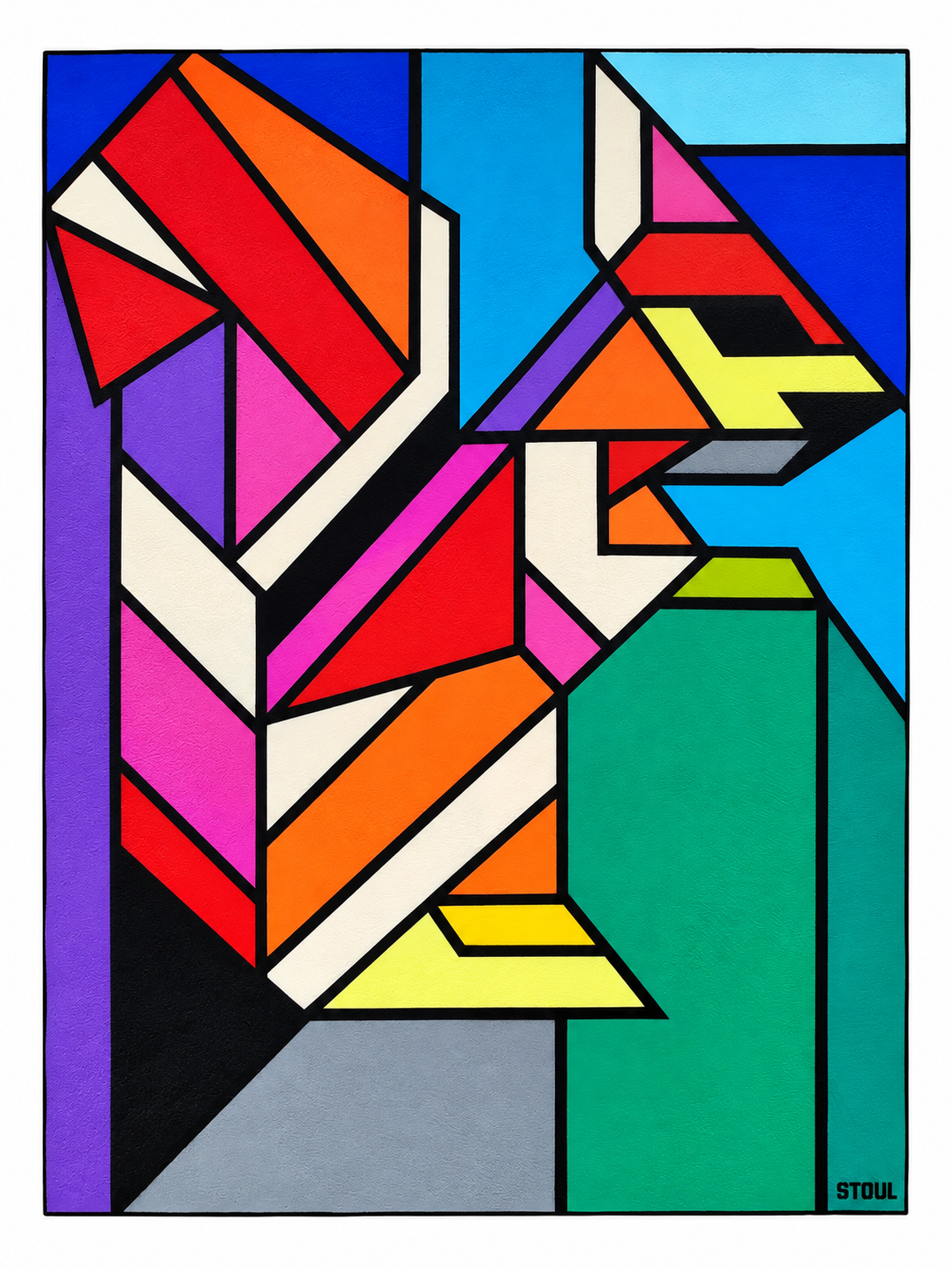 ableau écureuil Oru, Ekuroi (écureuil) — Peinture et enduit pierre sur toile, 80 × 60 cm, Stoul, 2025. Écureuil roux réinterprété dans le langage géométrique ORU