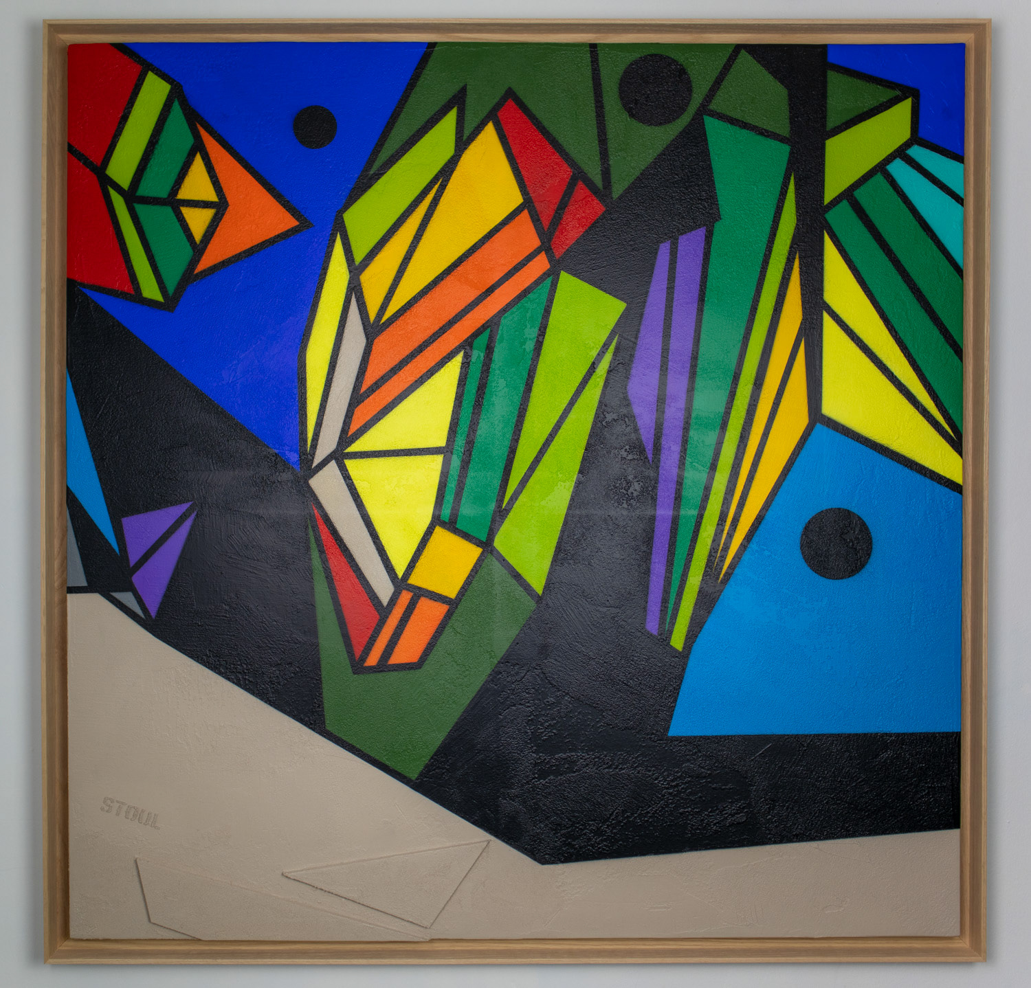 "Fleur de la Canopée - Le Beffroi de Montrouge" 2022 Peinture acrylique et enduit pierre sur toile - Caisse américaine en chêne - 100x100 cm