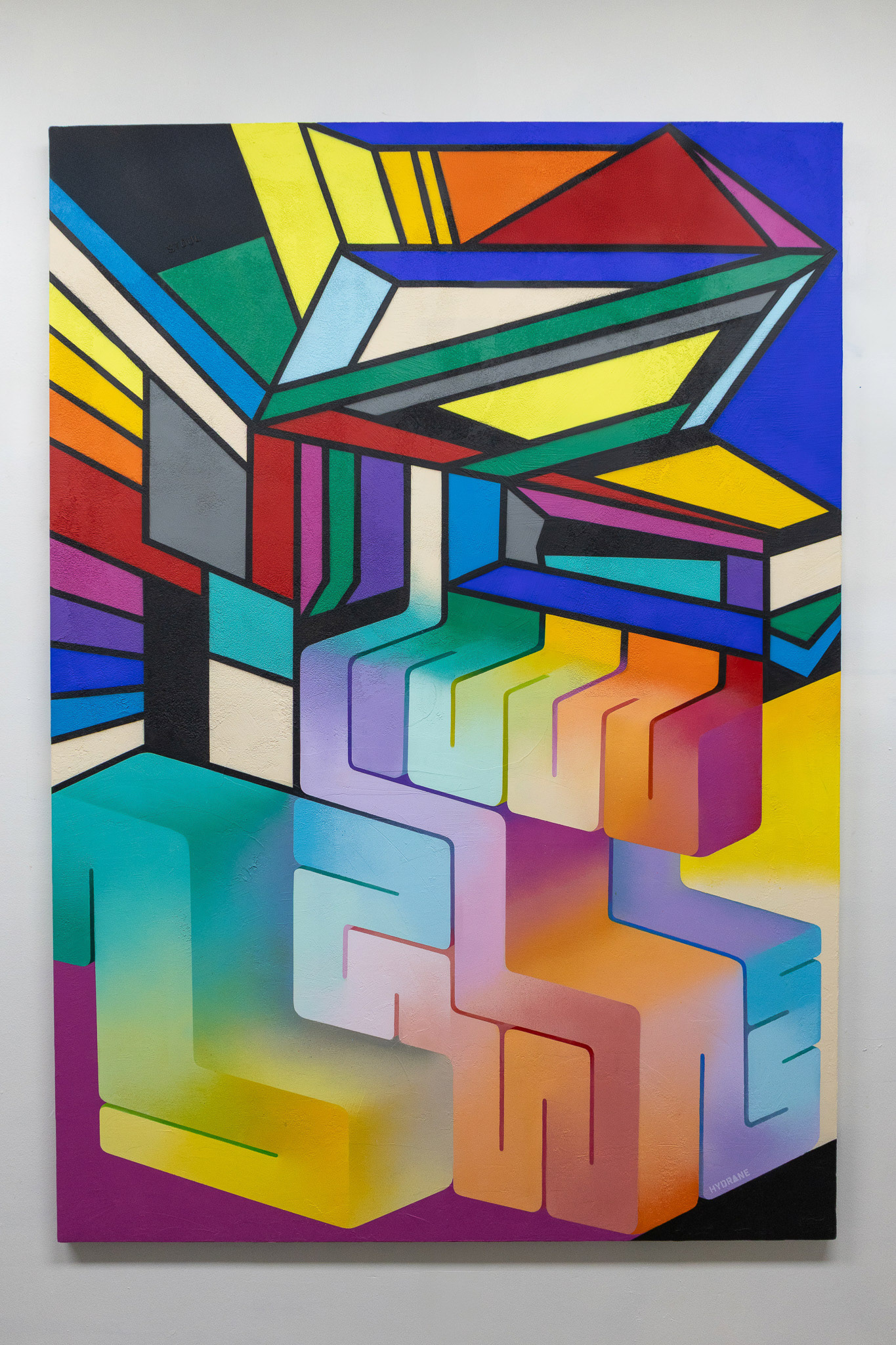 "Totem Dragon" Stoul - Hydrane Peinture spray acrylique et enduit pierre sur toile 162x114 cm 2025