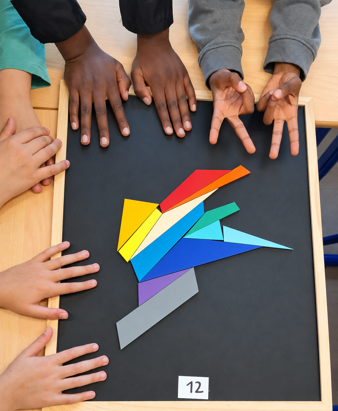 Langevin en Stoulgram – Construire ensemble | Formes, couleurs, émotions Stoul, 2026 Peinture murale et 75 pièces géométriques en bois peint Création participative avec trois classes de l’école Paul Langevin Guyancourt, France