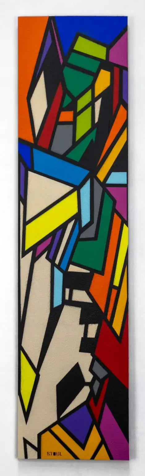 Stoul, « Oru naga Laos », 2025. Peinture acrylique et enduit pierre sur bois, 120 × 30 × 3 cm.