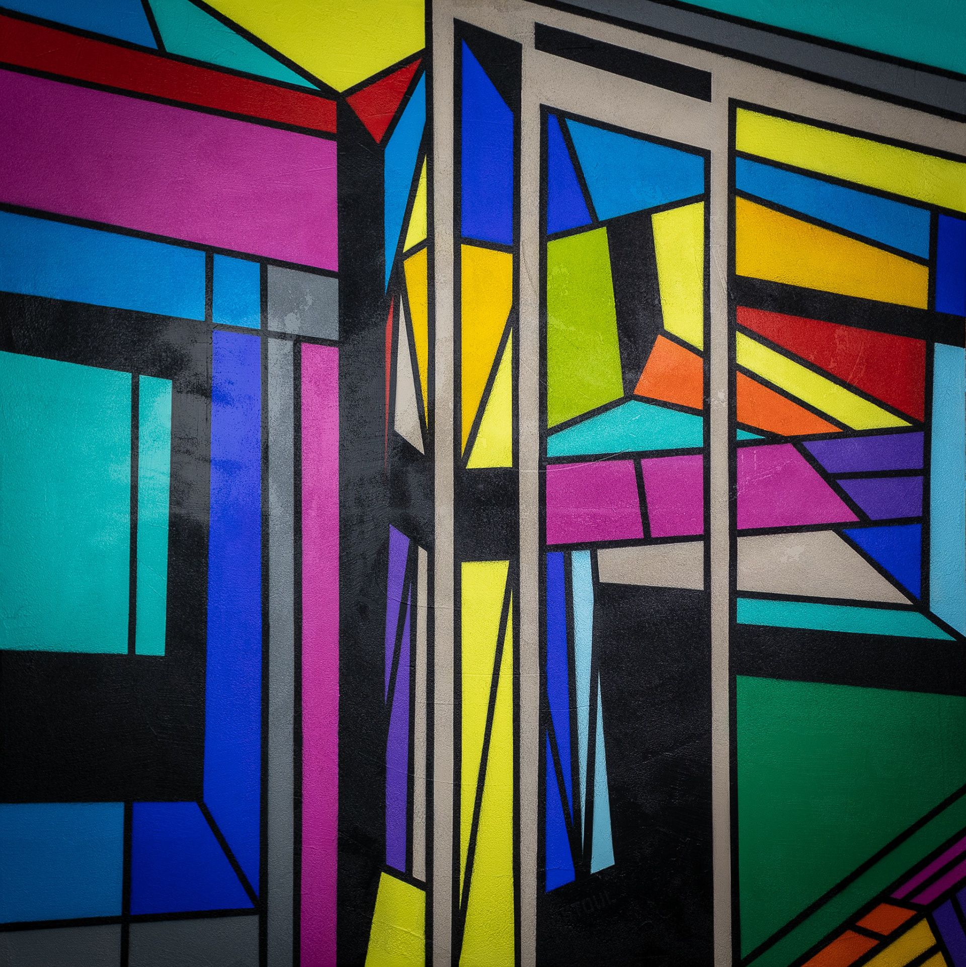 Le O et le P de Signé Hip-Hop, 2022 — Peinture acrylique et enduit pierre sur toile, caisse américaine en chêne, 120 × 120 cm.