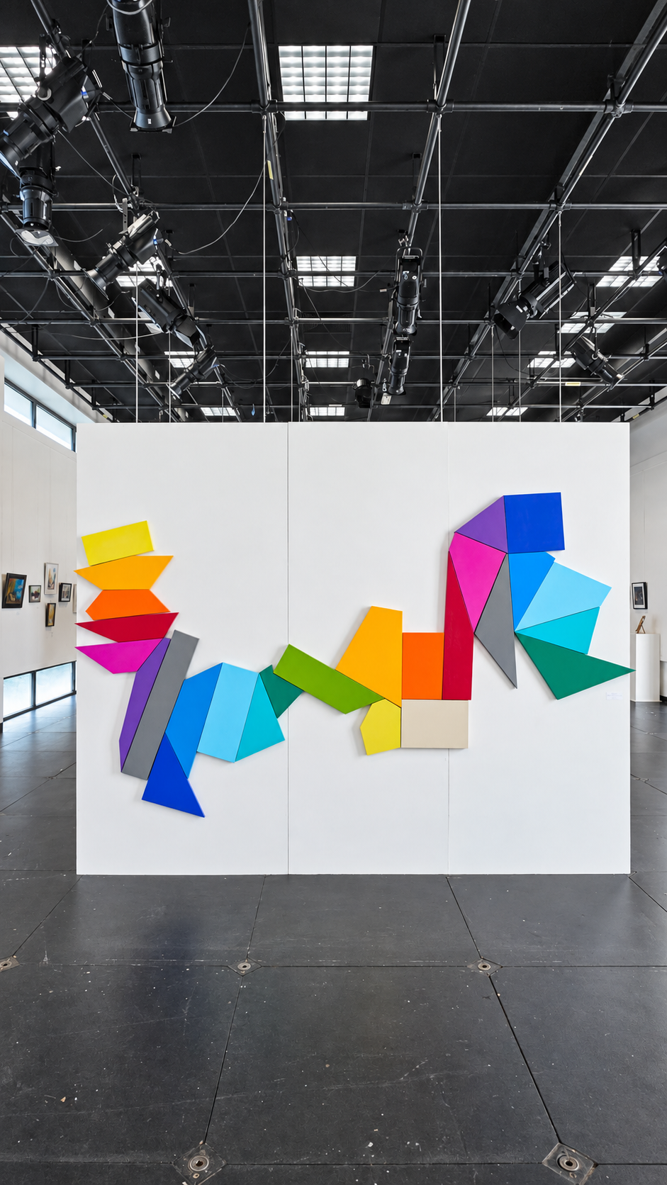 Langevin en Stoulgram – Construire ensemble | Formes, couleurs, émotions Stoul, 2026 Peinture murale et 75 pièces géométriques en bois peint Création participative avec trois classes de l’école Paul Langevin Guyancourt, France