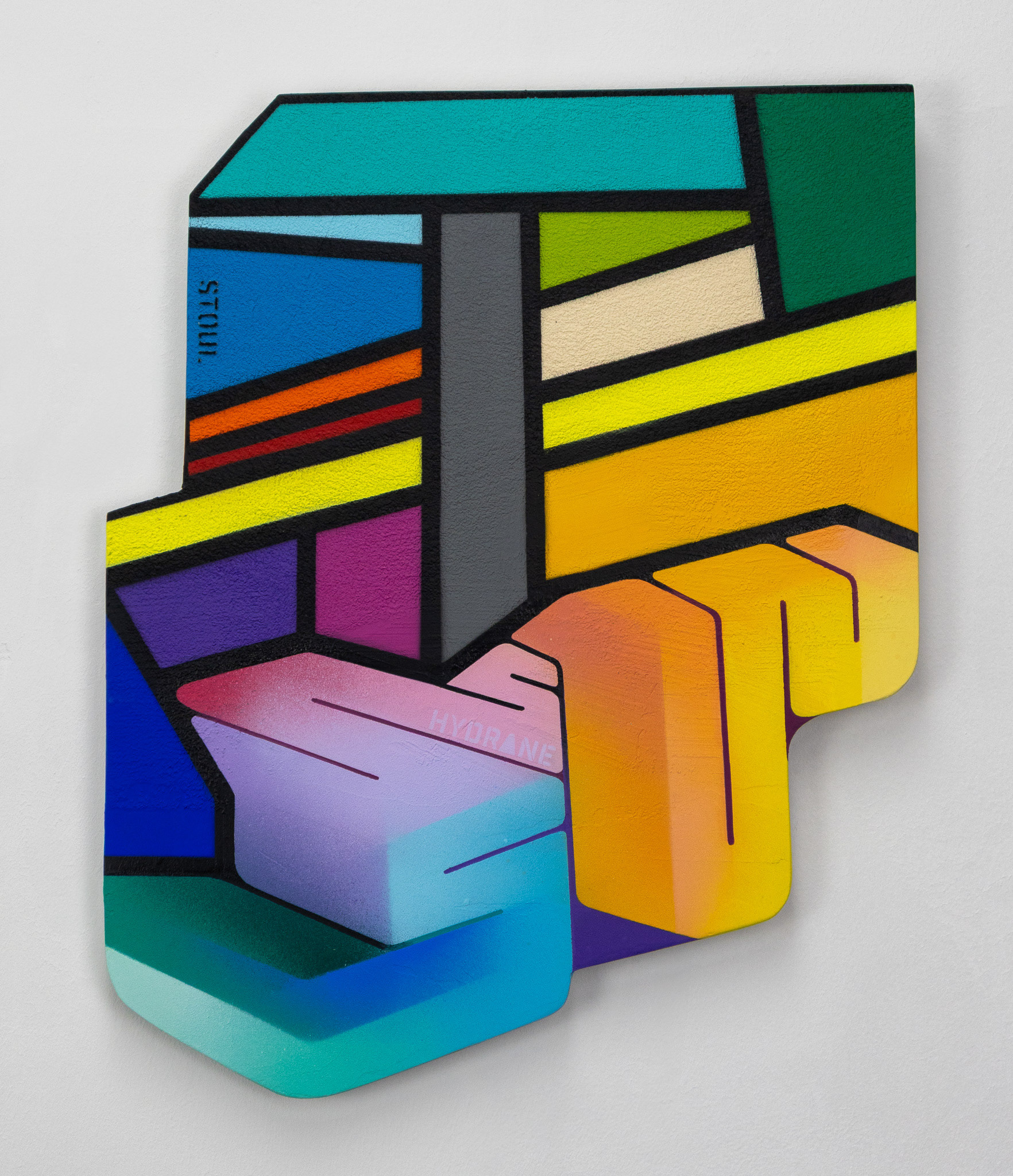 "Totem escalier Stoul - Hydrane Peinture spray acrylique et enduit pierre sur bois 50x40x3cm 2025