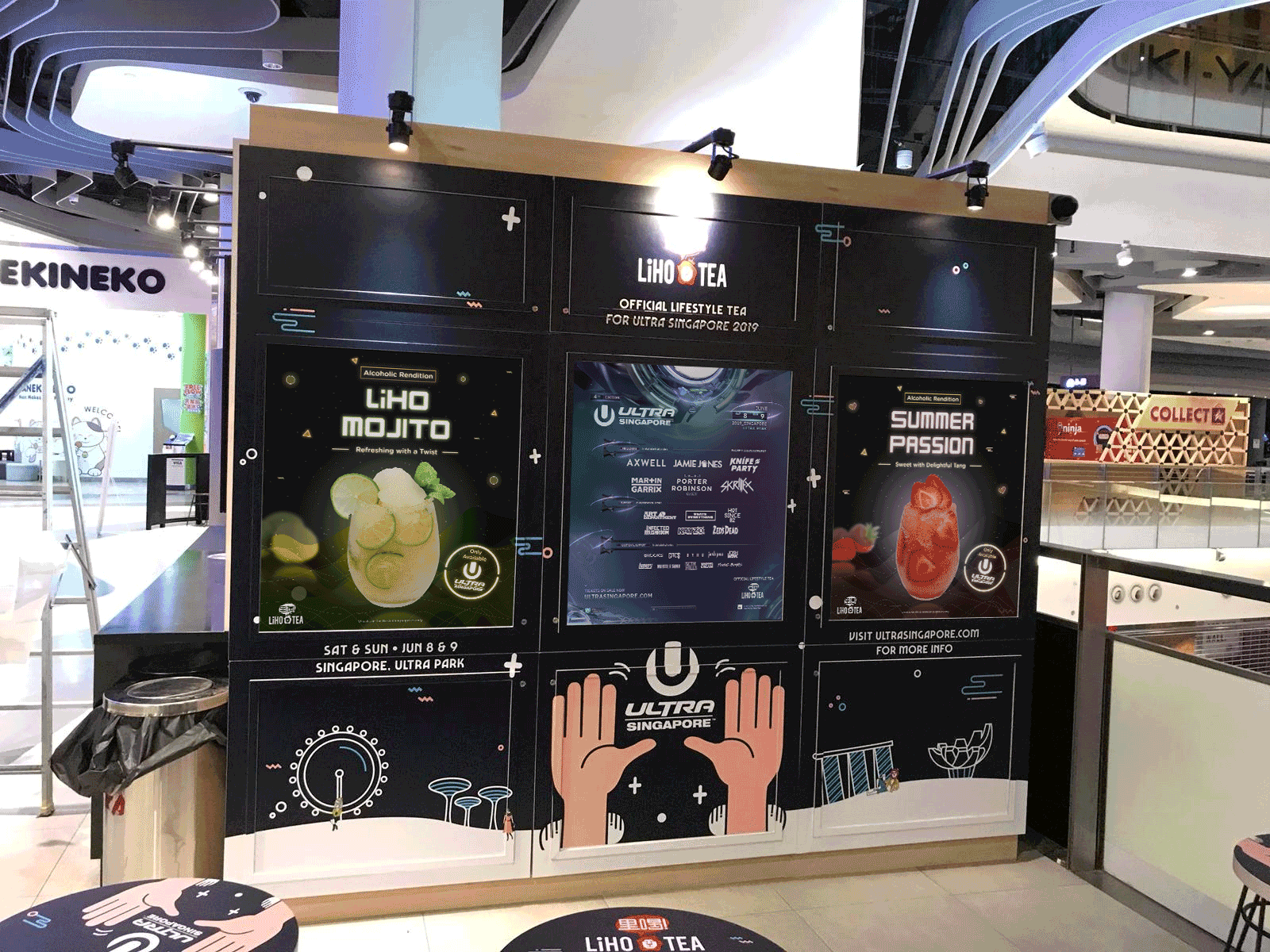 LiHO TEA x ULTRA presents alcoholic bubble tea. Posters are printed on removable stickers and pasted on Bugis+ outlet.