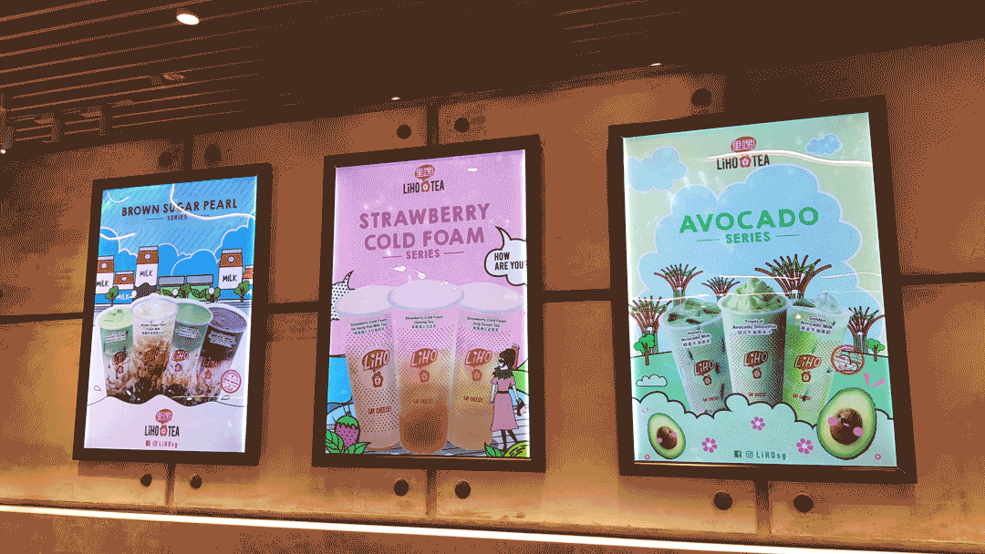 Product branding posters in outlets. Posters are printed on backlit trans that are installed into the LED lit frames.