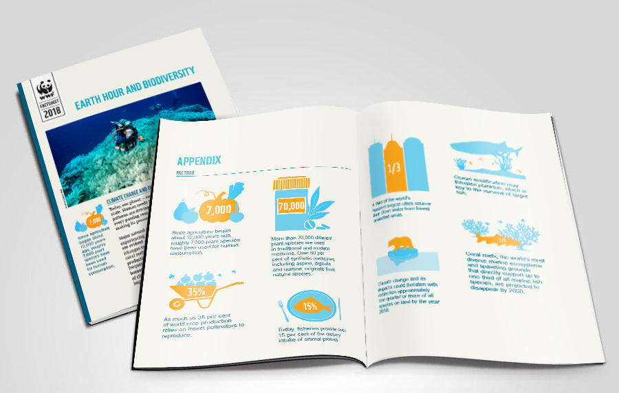 Earth Hour & Biodiversity Report design includes layout, typography and also creation of infographics.
