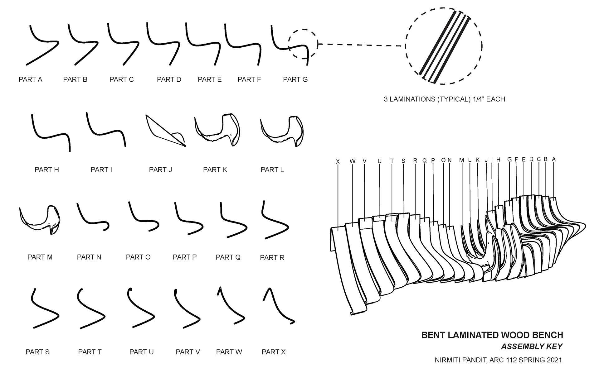 "Assembly Key for Bent Laminated Wood Bench"
