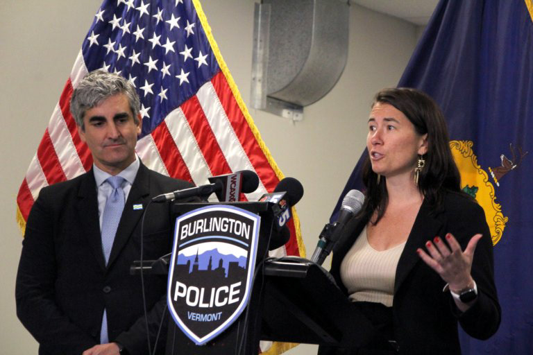 Burlington Mayor Miro Weinberger and Chittenden County States Attorney Sarah George address media at a press release in Burlington on June 9, 2022. (Lia Chien/VTDigger)