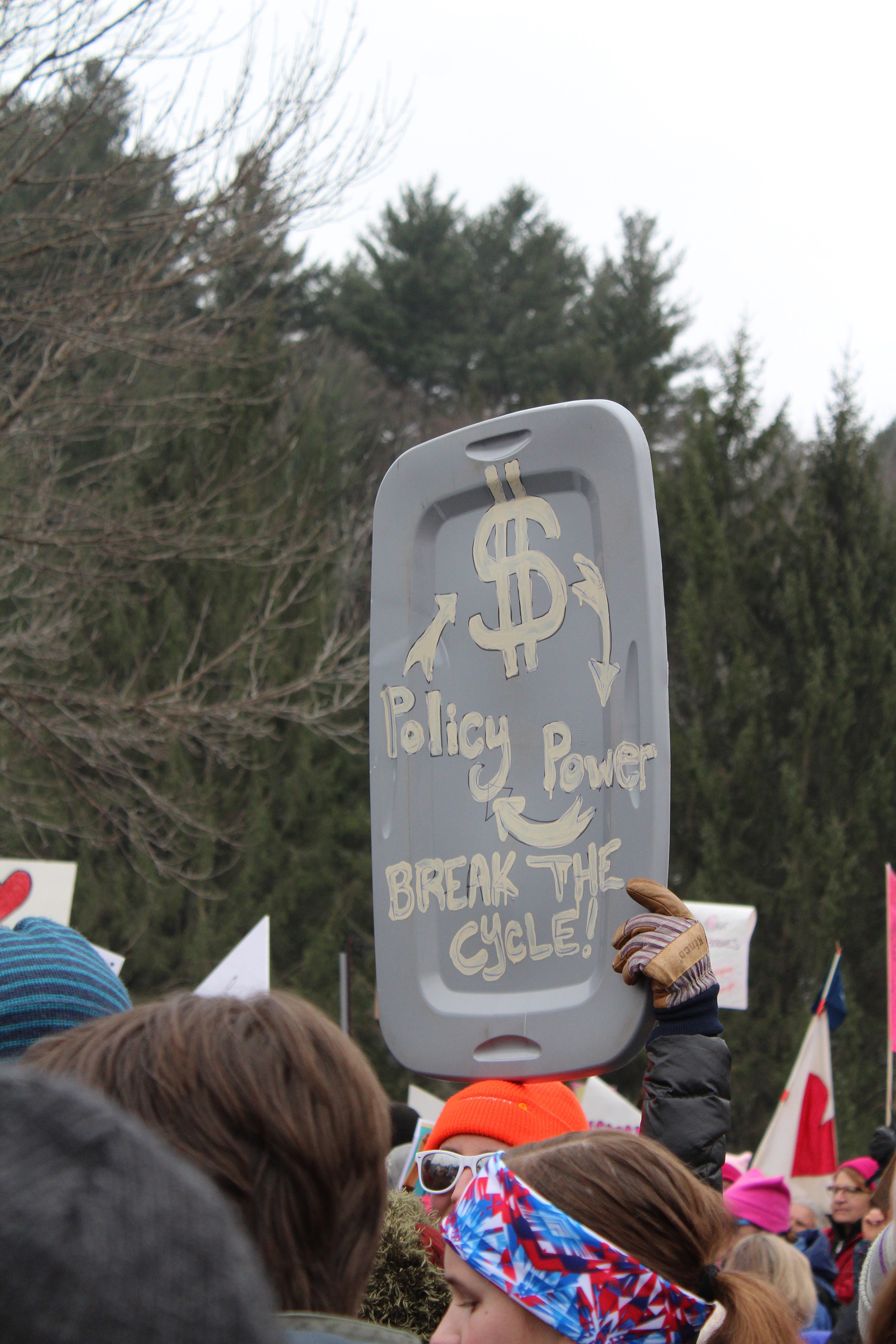 A homemade sign made out of a plastic bin lid is held at the Women's March in Montpelier, Vt. on January 21, 2017. (Lia Chien)