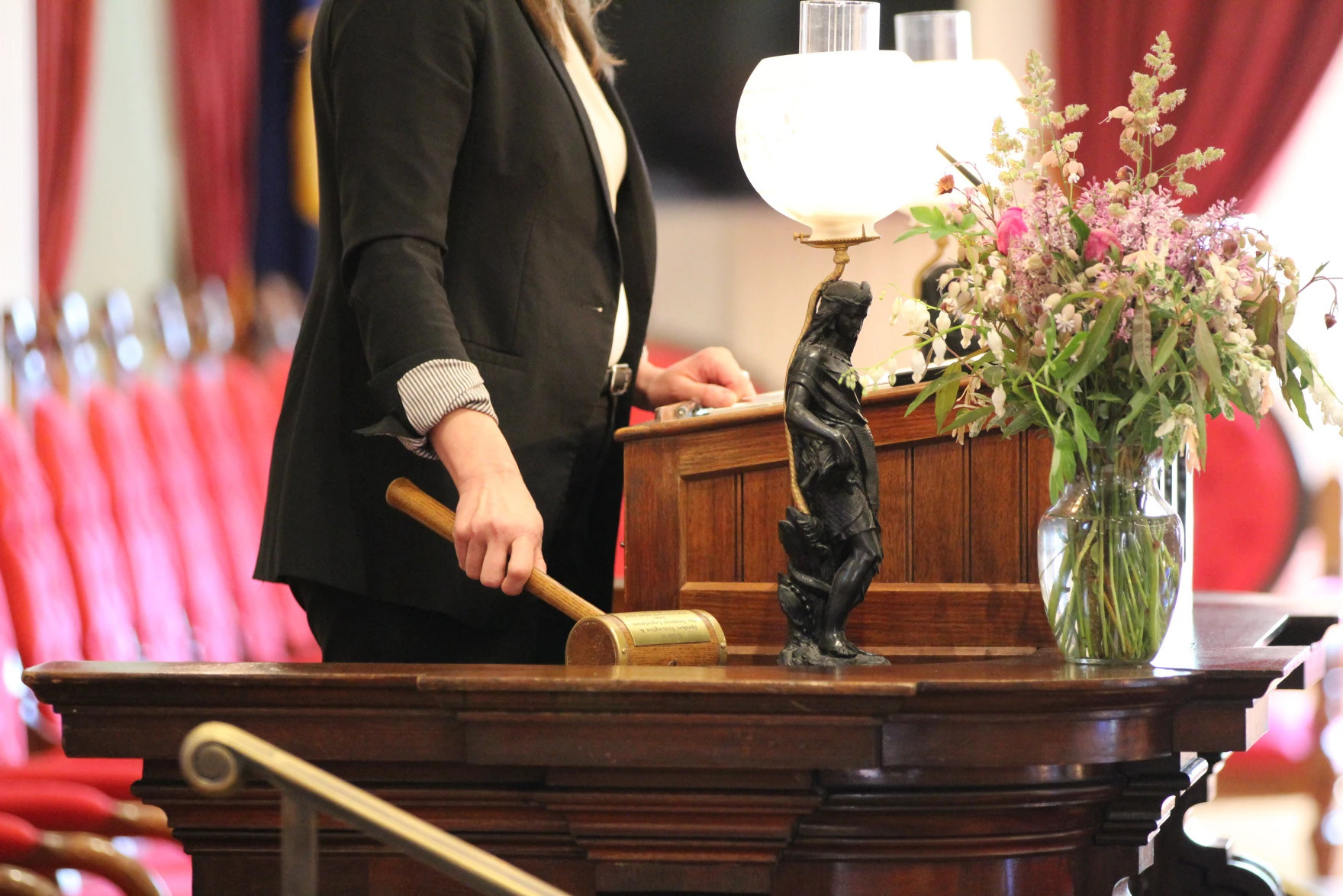 Vermont House Speaker Jill Krowinski holds the gavel during a veto session of the House of Representatives on June 20, 2023 (Lia Chien/Vermont Public)
