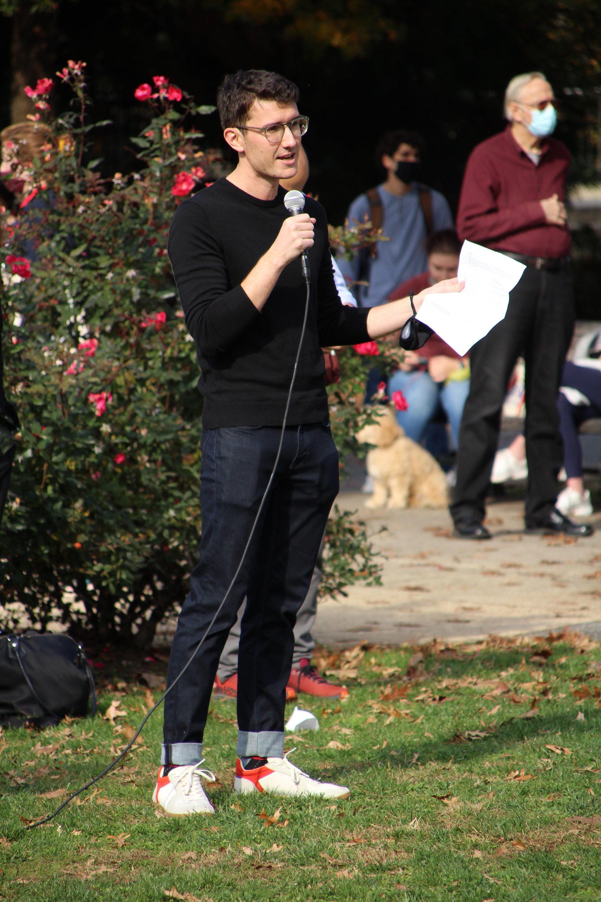 A graduate student speaks at the protest in Washington, D.C. on November 11, 2021. (Lia Chien/The Eagle)