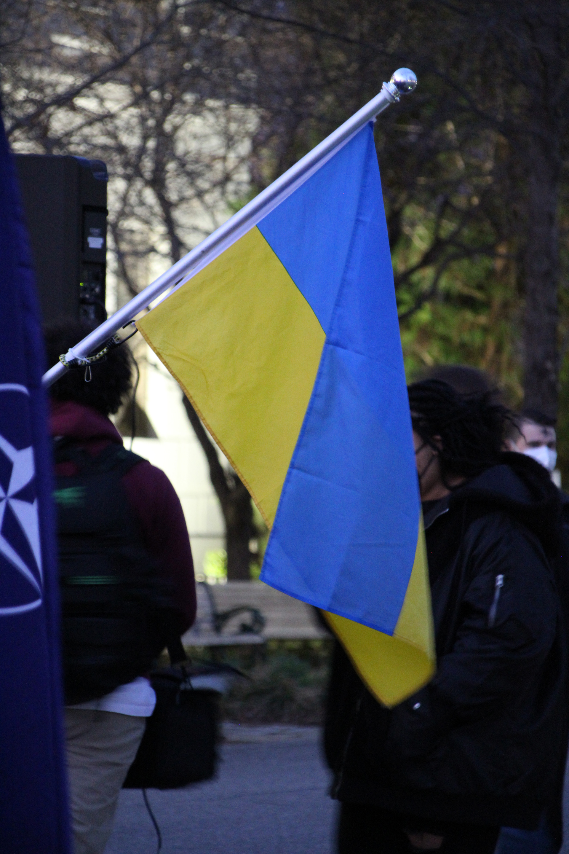 The Ukrainian flag hangs in oppositin of Russia's invasion in Washington, D.C. on March 2, 2022. (Lia Chien/The Eagle)