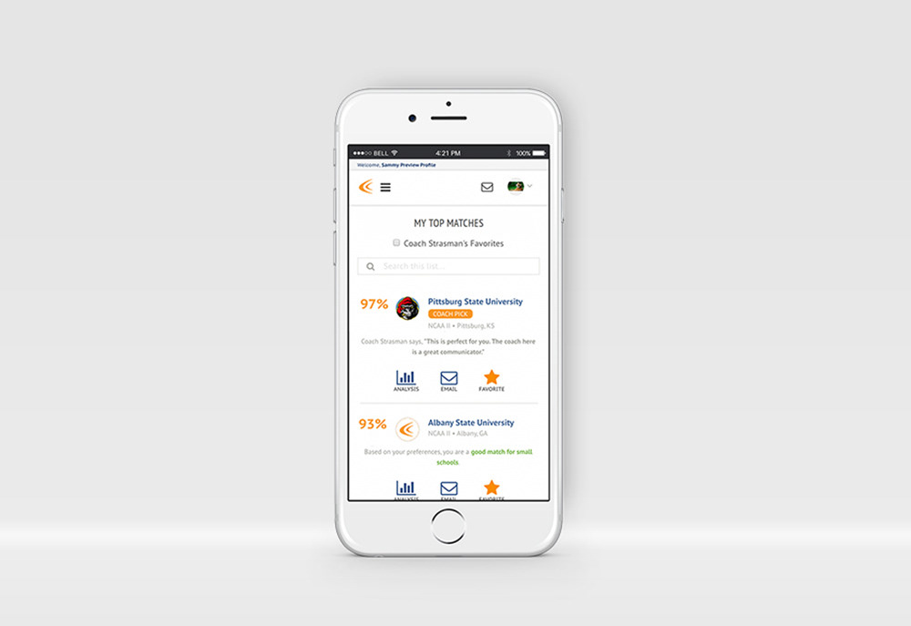 NCSA My Top Matches page - mobile view.