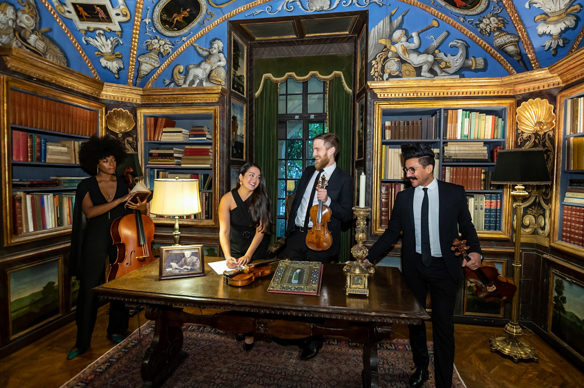 Thalea String Quartet, the 2019–20 Ernst Stiefel String Quartet-in-Residence, pose in the Burgundian Library of the Rosen House at Caramoor in Katonah, New York on November 18, 2019. (photo by Gabe Palacio)