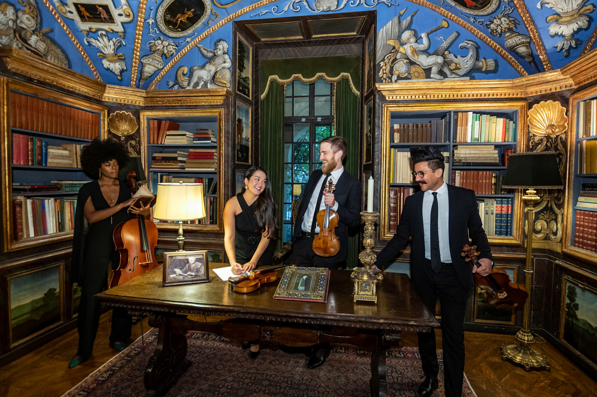 Thalea String Quartet, the 2019–20 Ernst Stiefel String Quartet-in-Residence, pose in the Burgundian Library of the Rosen House at Caramoor in Katonah, New York on November 18, 2019. (photo by Gabe Palacio)
