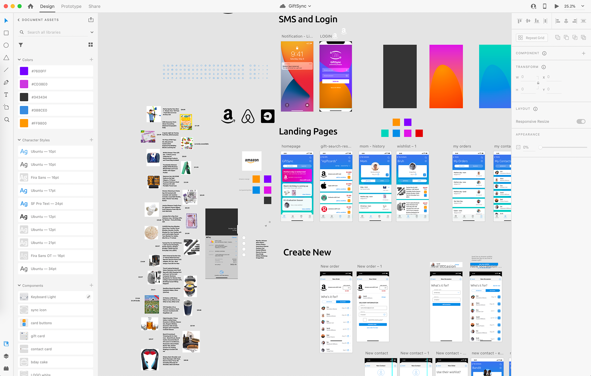A screenshot of the GiftSync prototype. I used real Amazon product data and styles to create the concept.