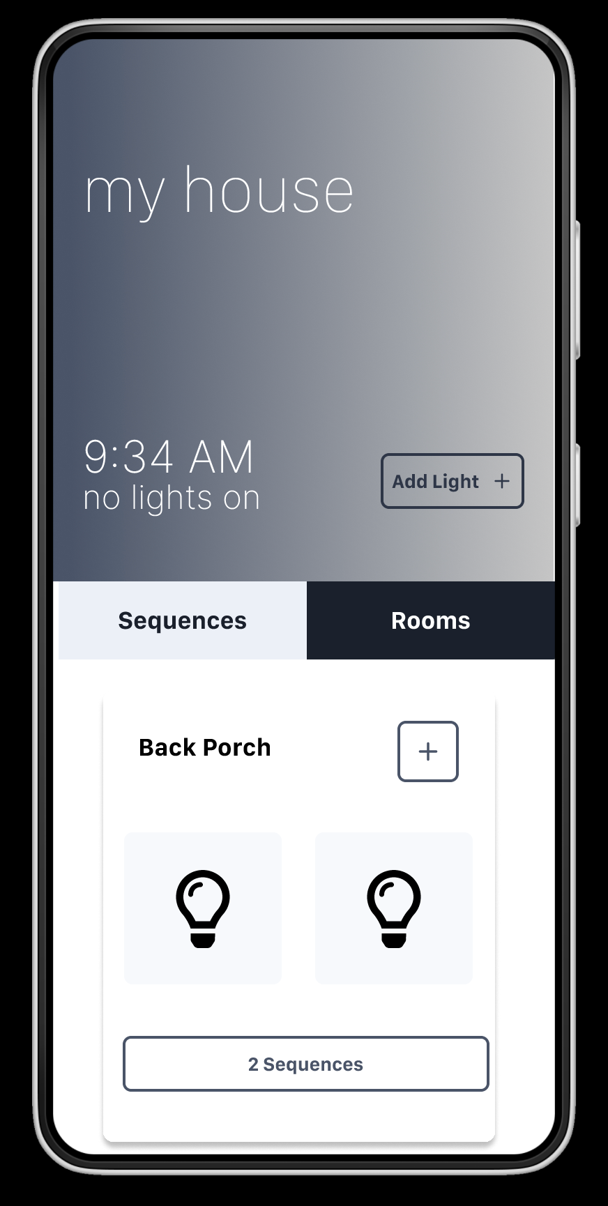 Wireframe of my Cync app redo, showing ROOMS interface