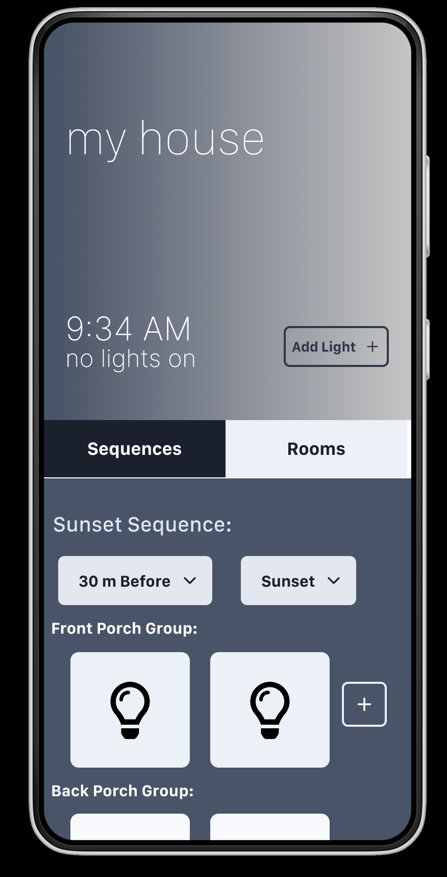 Wireframe of my Cync app homepage redone, with SEQUENCES as the default view