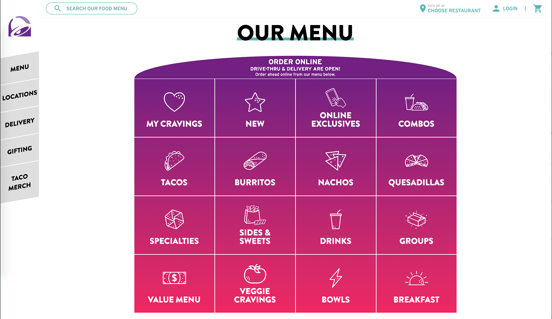 A screenshot of Taco bell's online ordering menu. Before ordering, however, you need to add your location first, which is hidden in the top right corner. If you change locations, your order disappears!
