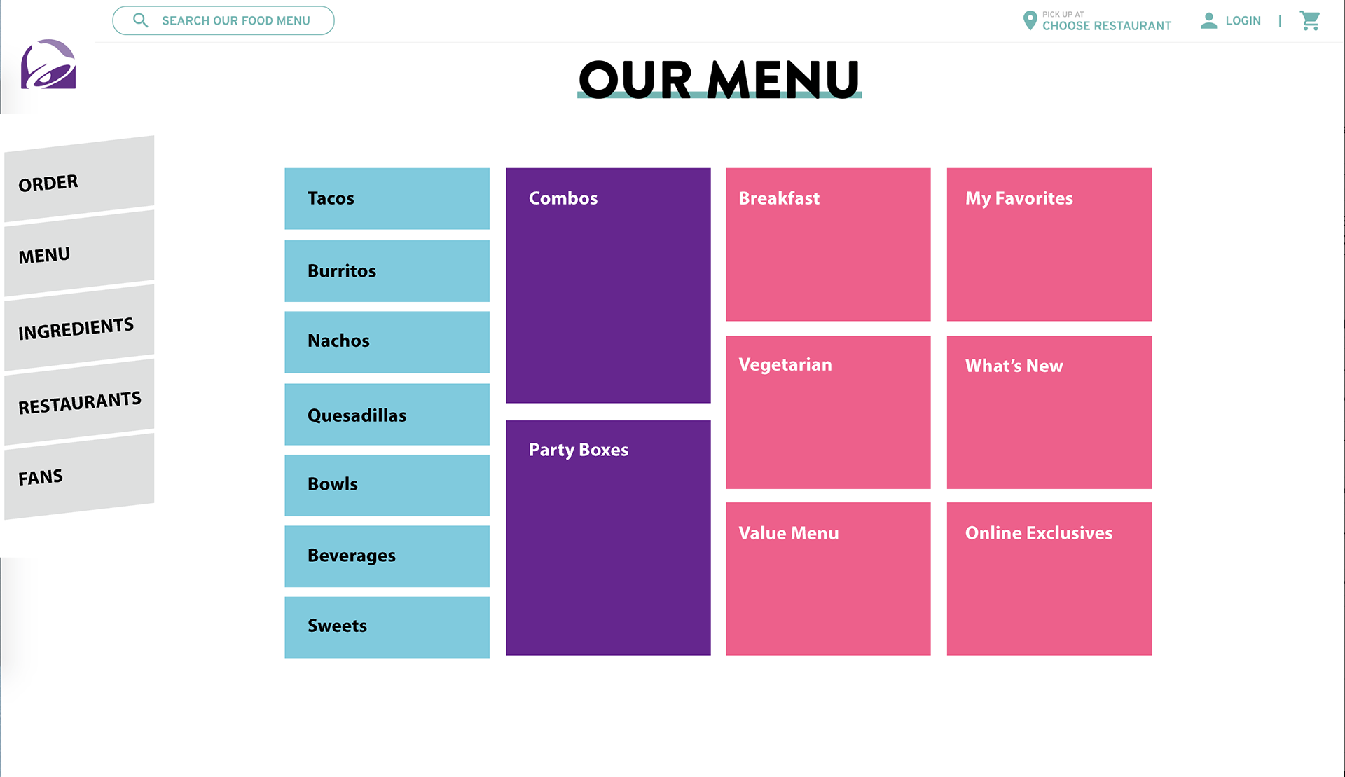 A mockup of a new menu for Taco Bell, organized by objects and metadata.