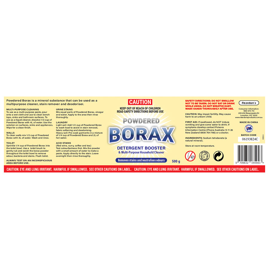 Label for container of borax for Wentworth Season 8