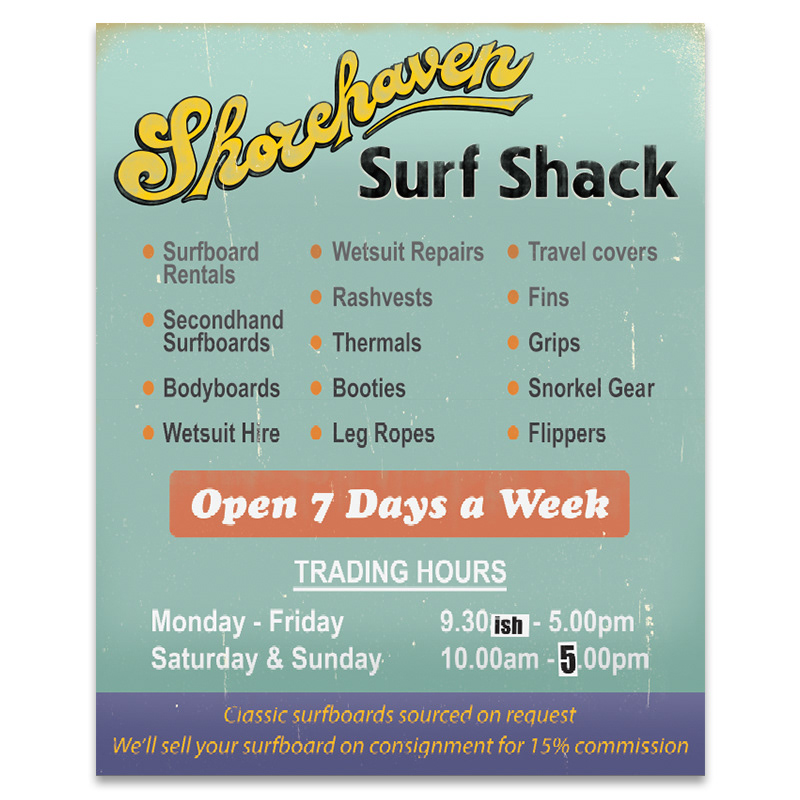 Surf shop sign (including ageing and distressing) for Surviving Summer Season 2)