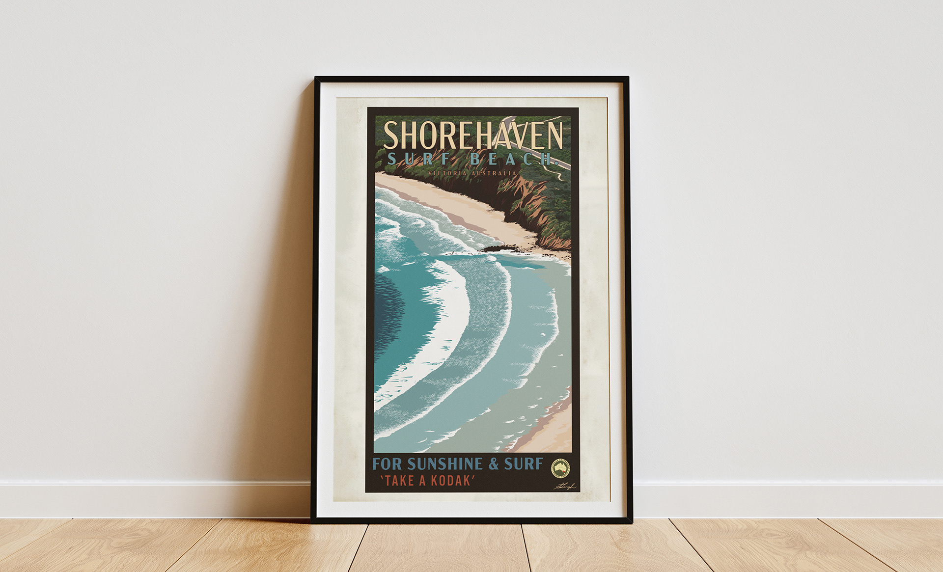 Framed vintage-style Australian tourism poster featuring a hand-drawn vector illustration of a coastal landscape, bold retro typography, and a coastal mid-century colour palette.