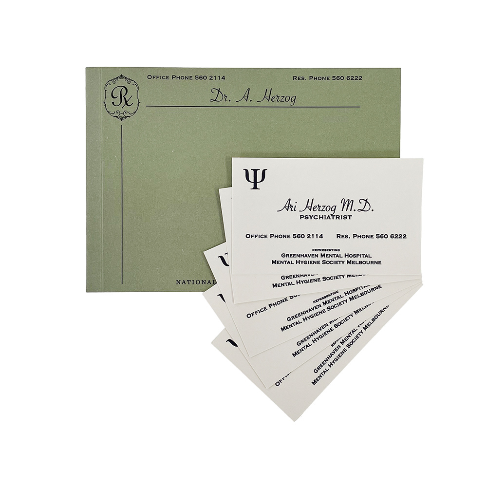 Prop psychiatrist business cards and prescription book designs