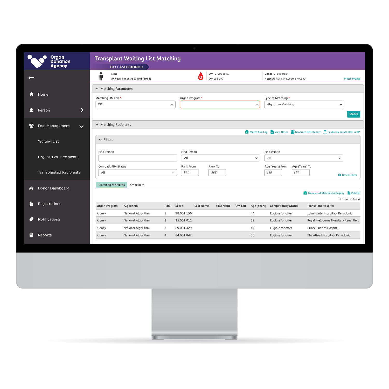 Interface for organ donation organisation computer (Love Divided By Eleven)