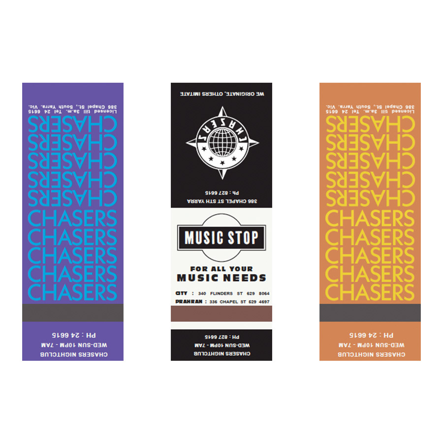 Recreation of 1980s matches from Chasers nightclub for Wog Boys Forever