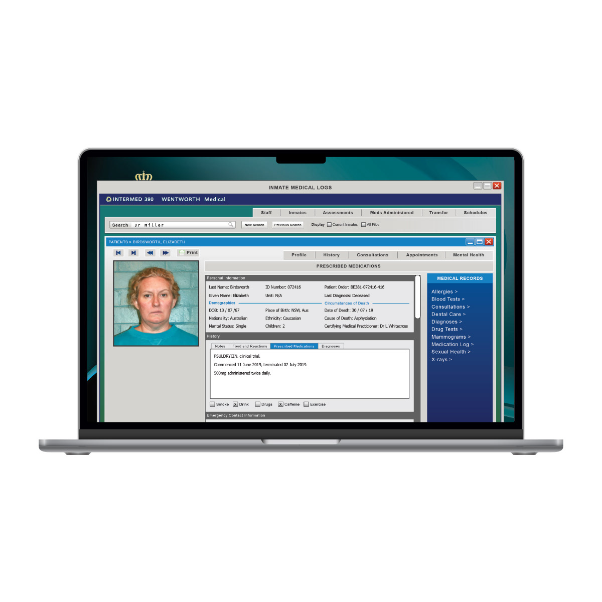 Screen graphic: medical file on the prison intranet