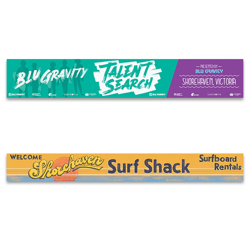 Top: banner design for surfing competition, bottom: hand illustrated sign for surf shop