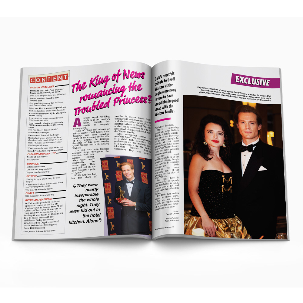 1989 gossip magazine page designs including photo editing (to age) (The Newsreader, S3)