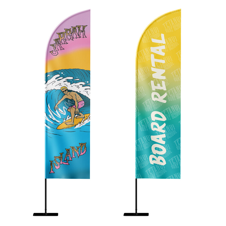 Design of feather flags for board riders including illustration (left) and board rental advertisement (right)