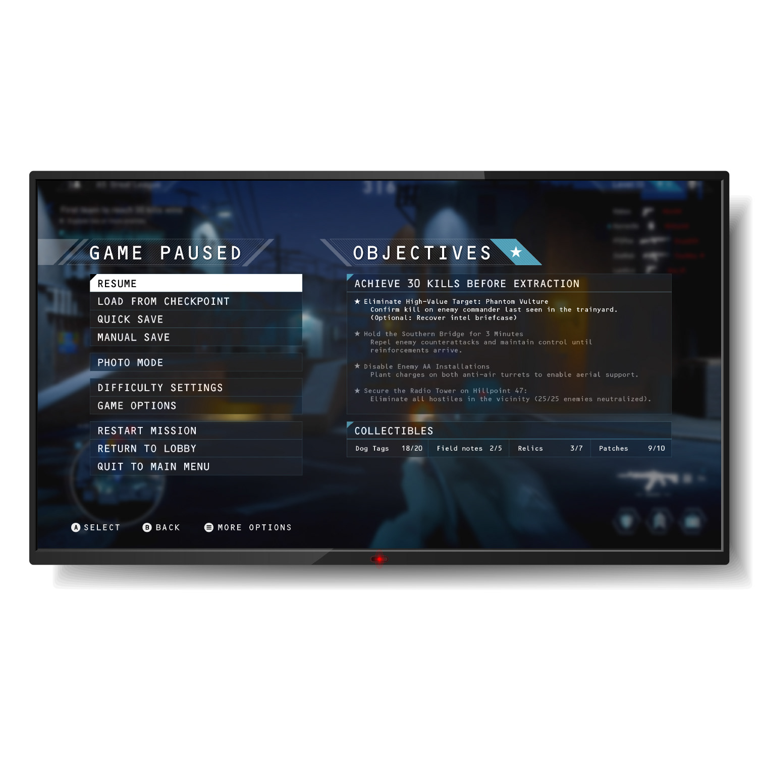 Pause screen design for Xbox game