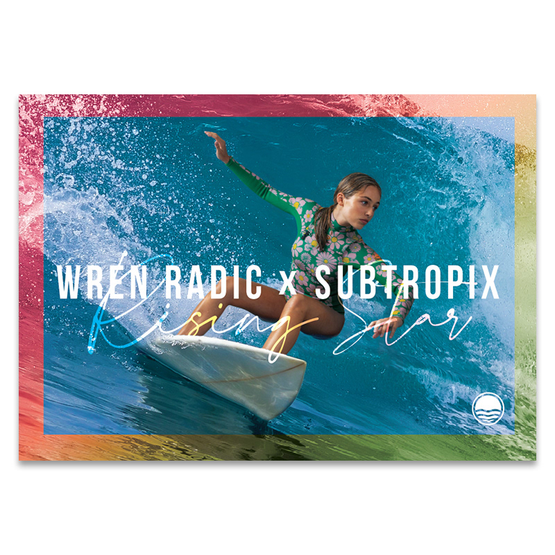 Poster design including photo editing: surfer photographed in studio, then composited onto surfboard in Photoshop