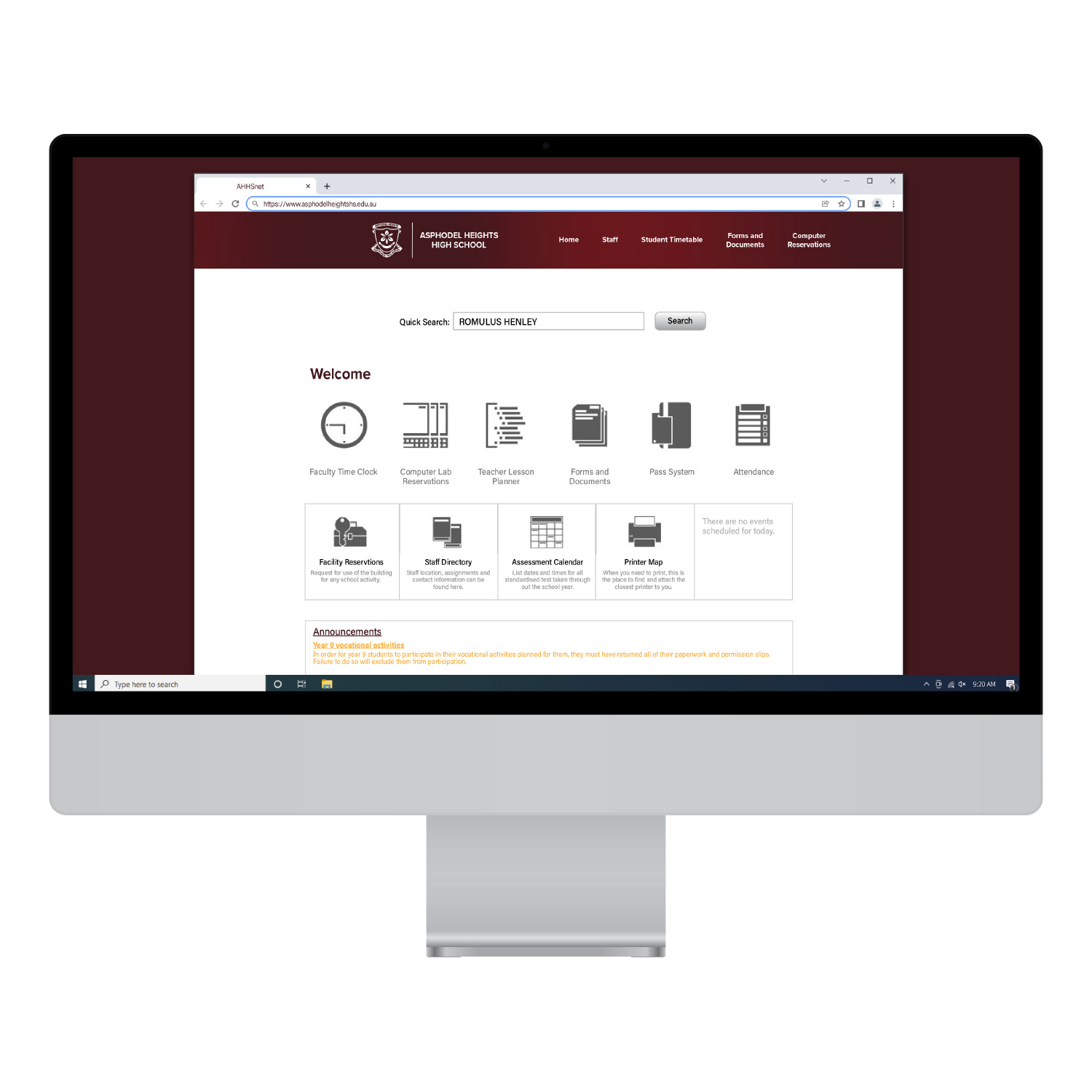 Primary school intranet page design