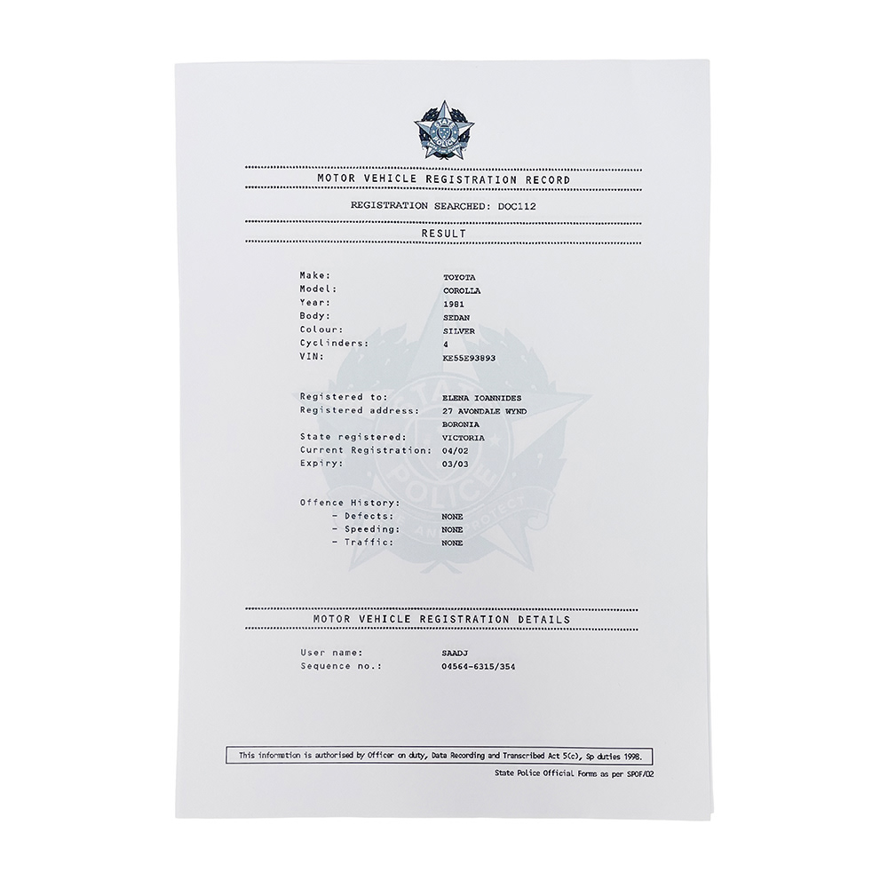 Retro police registration check document including design of police crest