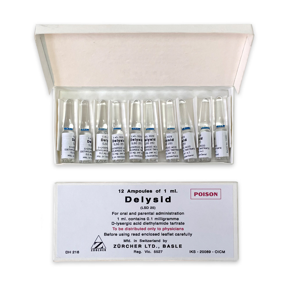 Label designs of historical medical LSD for The Clearing