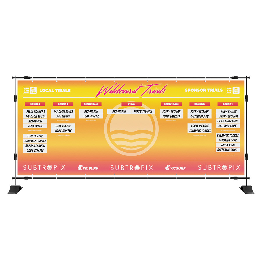 Surf event banner design including brand logos