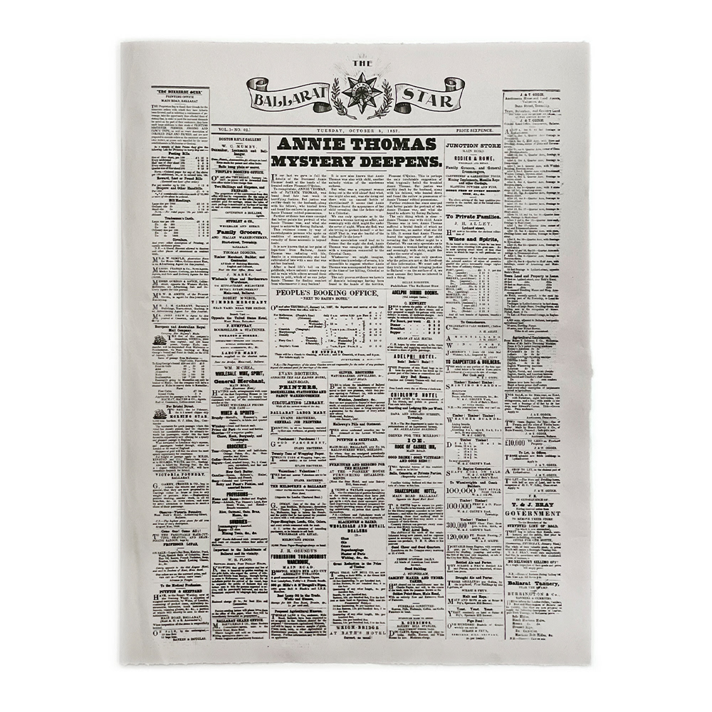 Historical newspaper recreation including hand drawn masthead