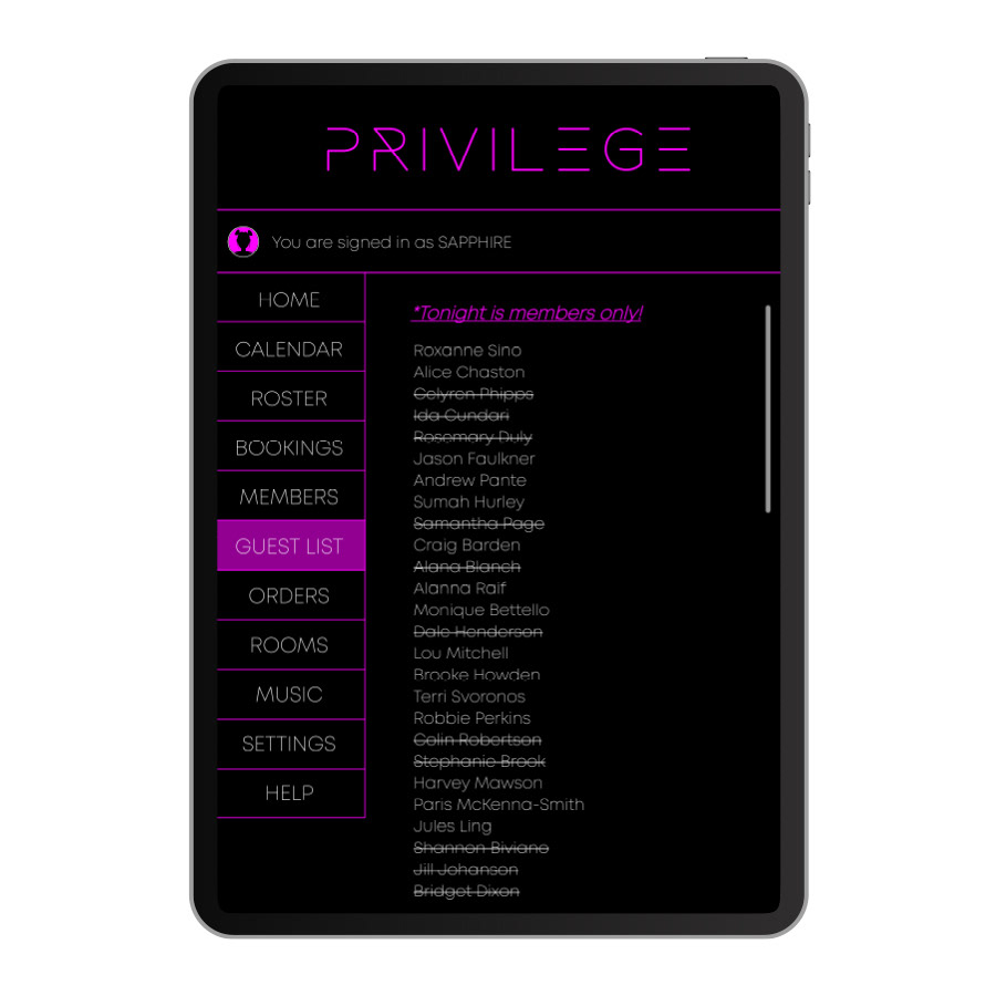 Screen design for nightclub hostess iPad