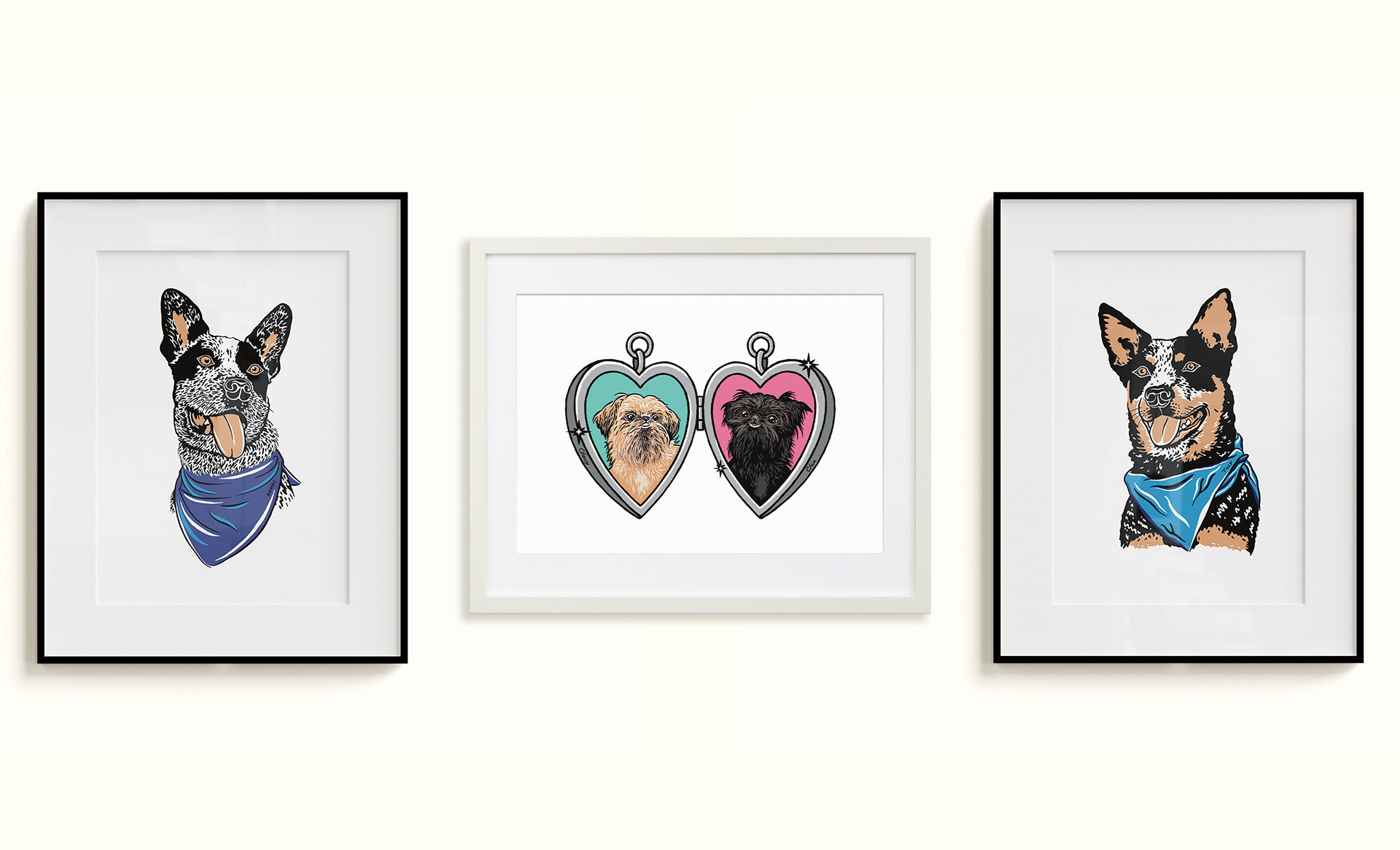 Photograph of three framed hand-drawn pet portraits hanging on a wall, featuring custom digital dog illustrations in a vibrant, modern art style.