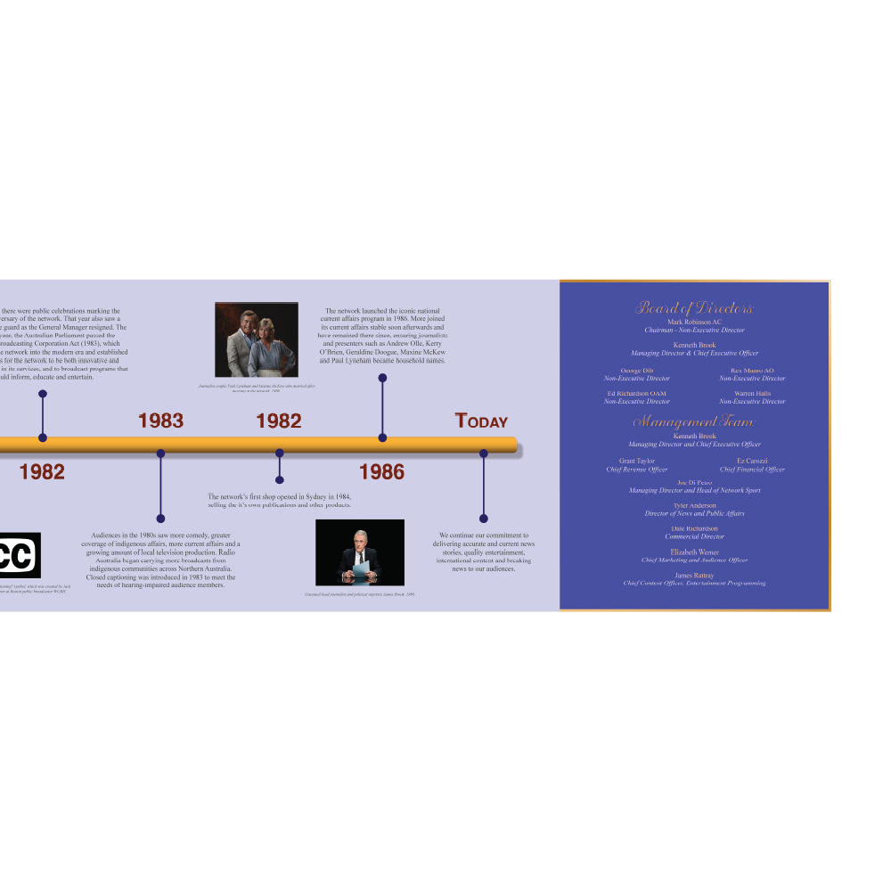 1980s style historical timeline sign for TV studio hallway