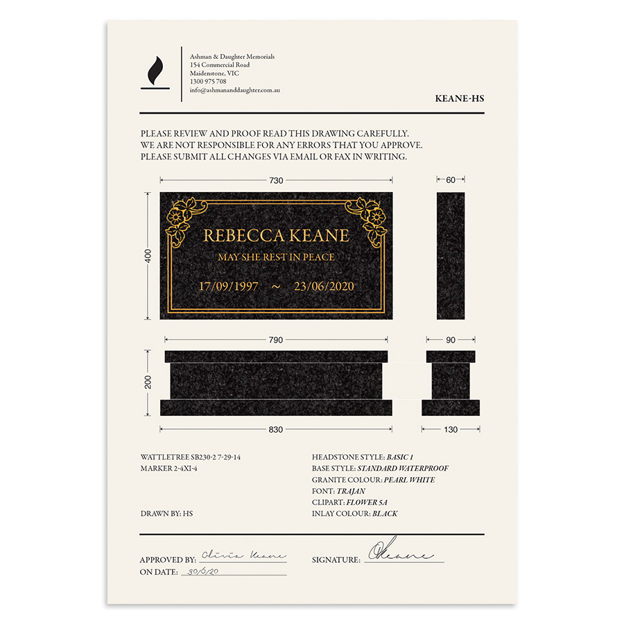 Design of proof document from headstone maker
