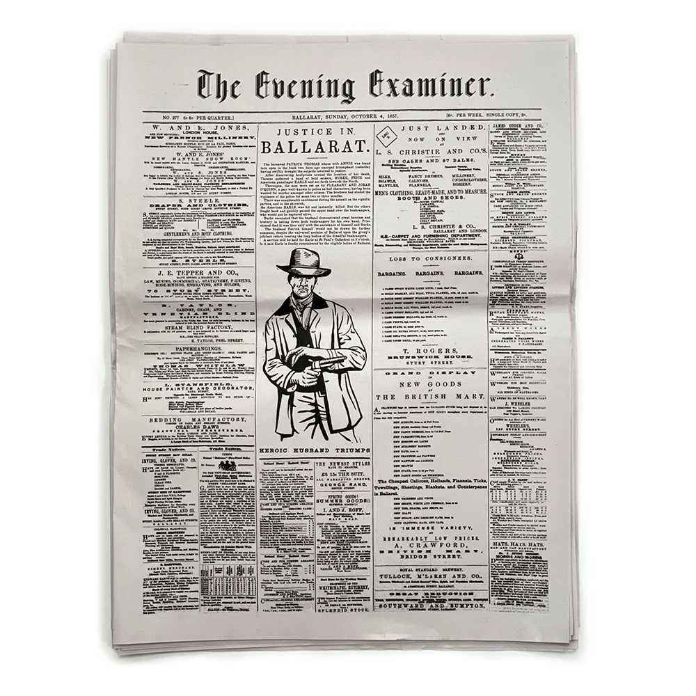 Historical newspaper recreation including hand-drawn Lino-cut style illustration