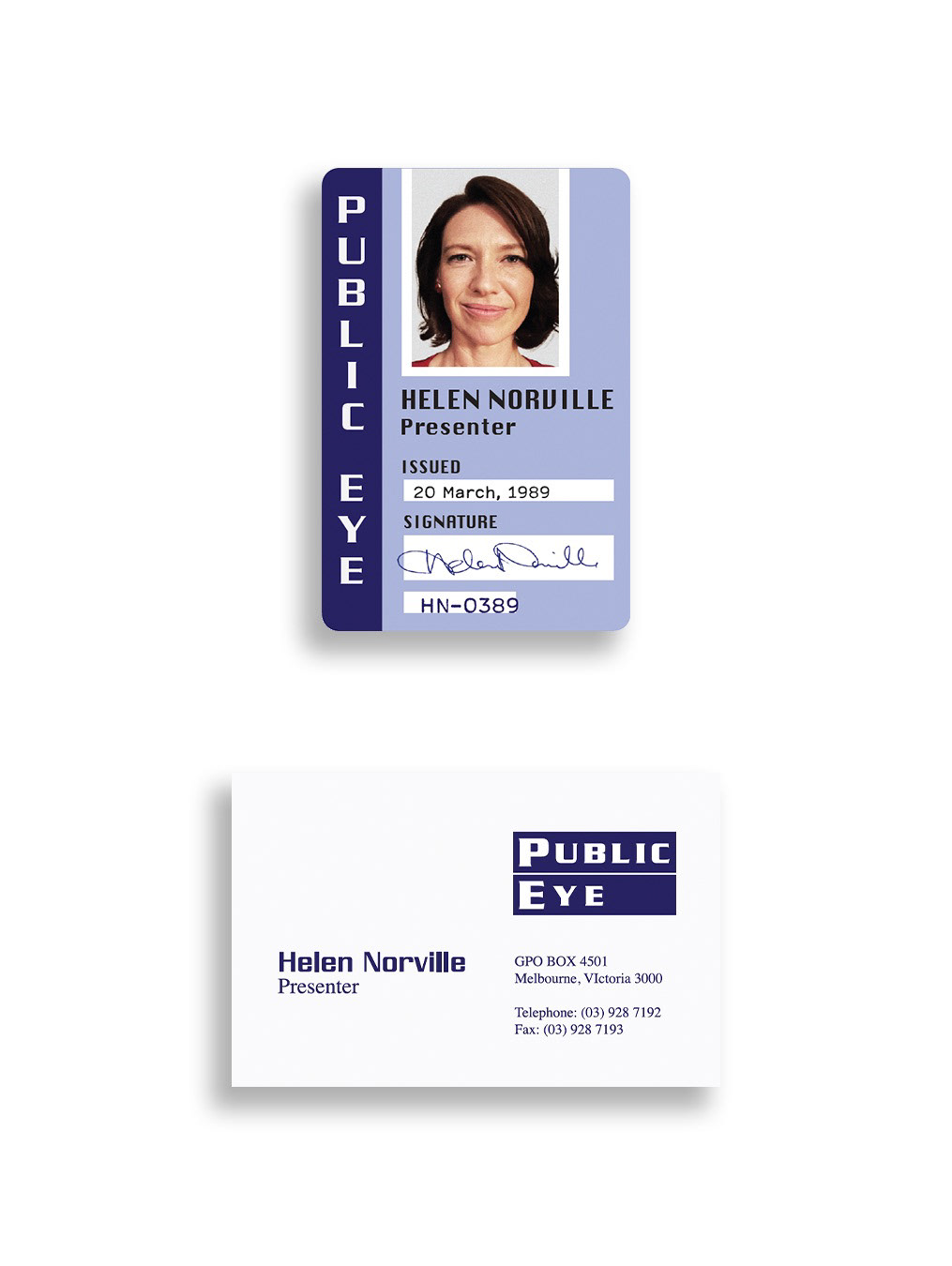 Helen's ID card and business card props