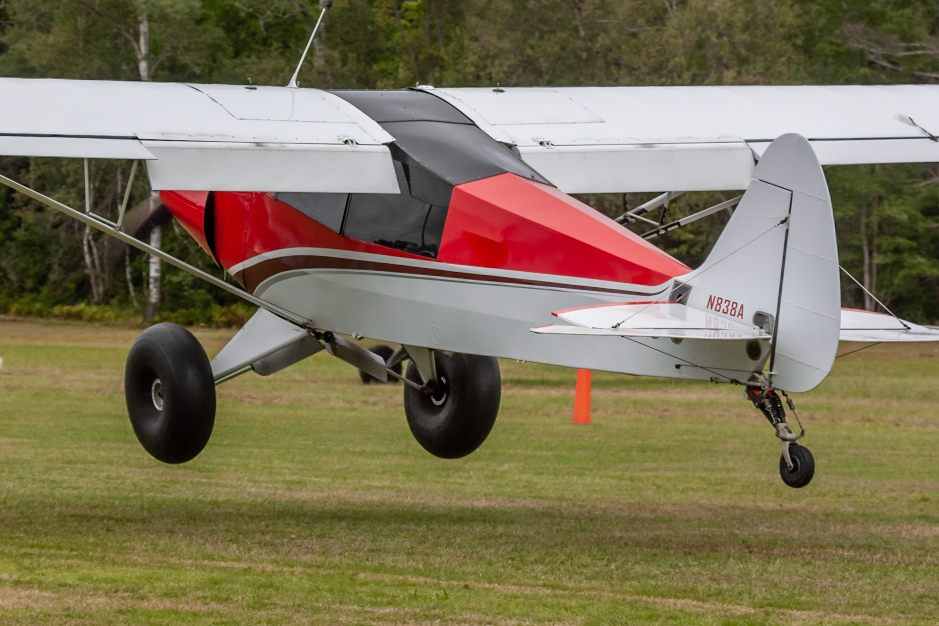 Denali Cub (N838A, c/n 83812017), winner of the STOL competition, at the 33rd annual Bowman Field (B10; Livermore Falls, ME) Fly-in on 2019-08-24.