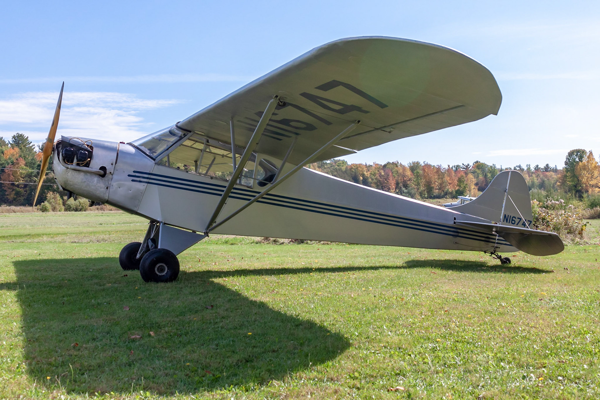 Taylor J-2 Cub (N16747, c/n 749) at the 2019 FALL-ow ME! Fly-in at Thompson Memorial Field (ME62; Pittsfield, ME) on 2019-09-28. This aircraft was built in 1936 before the type was renamed to Piper J-2 Cub.
